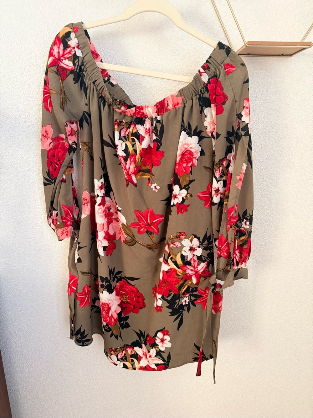 Floral Off-Shoulder Women's Dress in Olive and Red